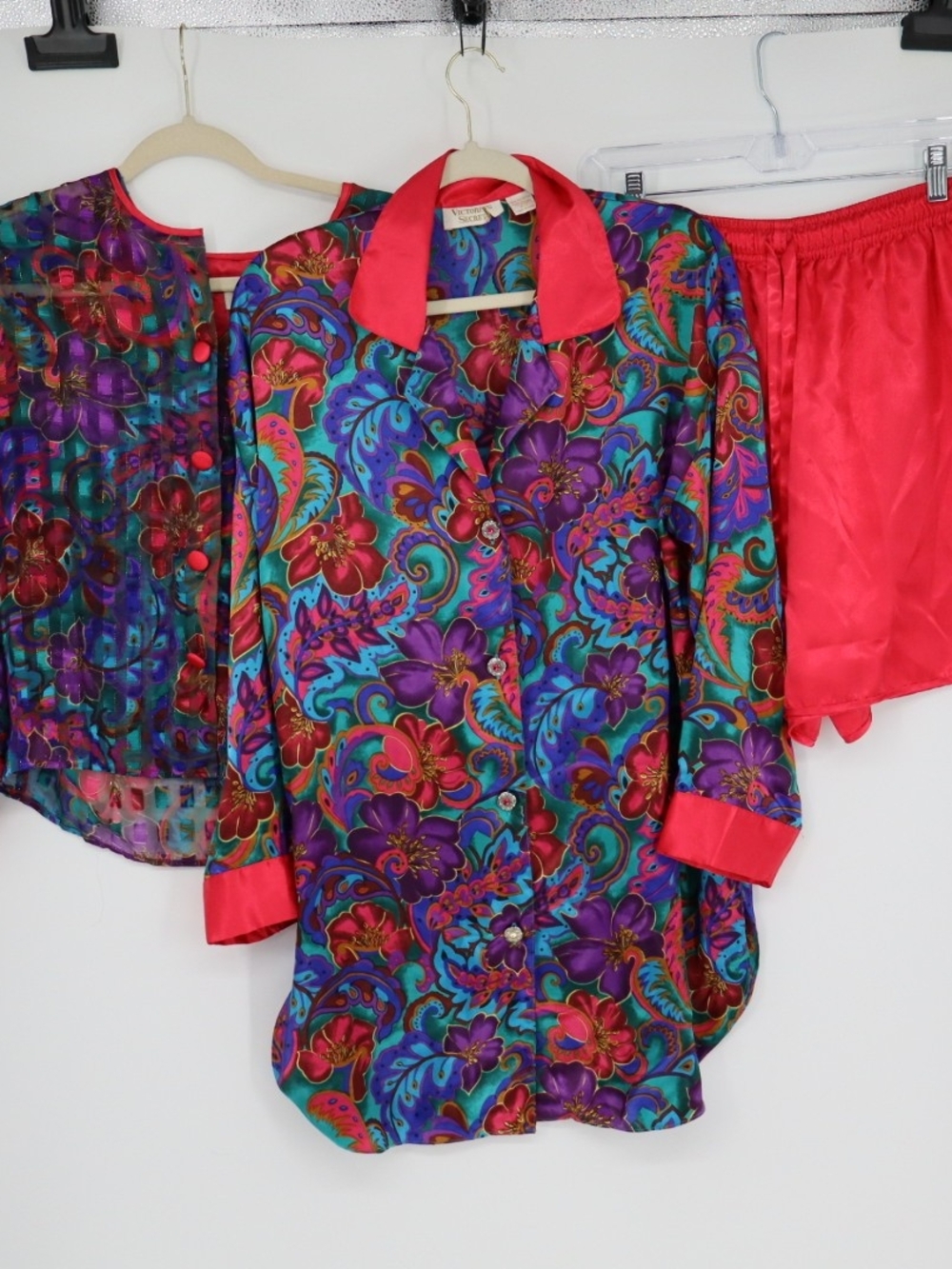 Vintage 80s Victoria’s Secret Gold Label 3 Pc Pajama Set P/S Floral Satin